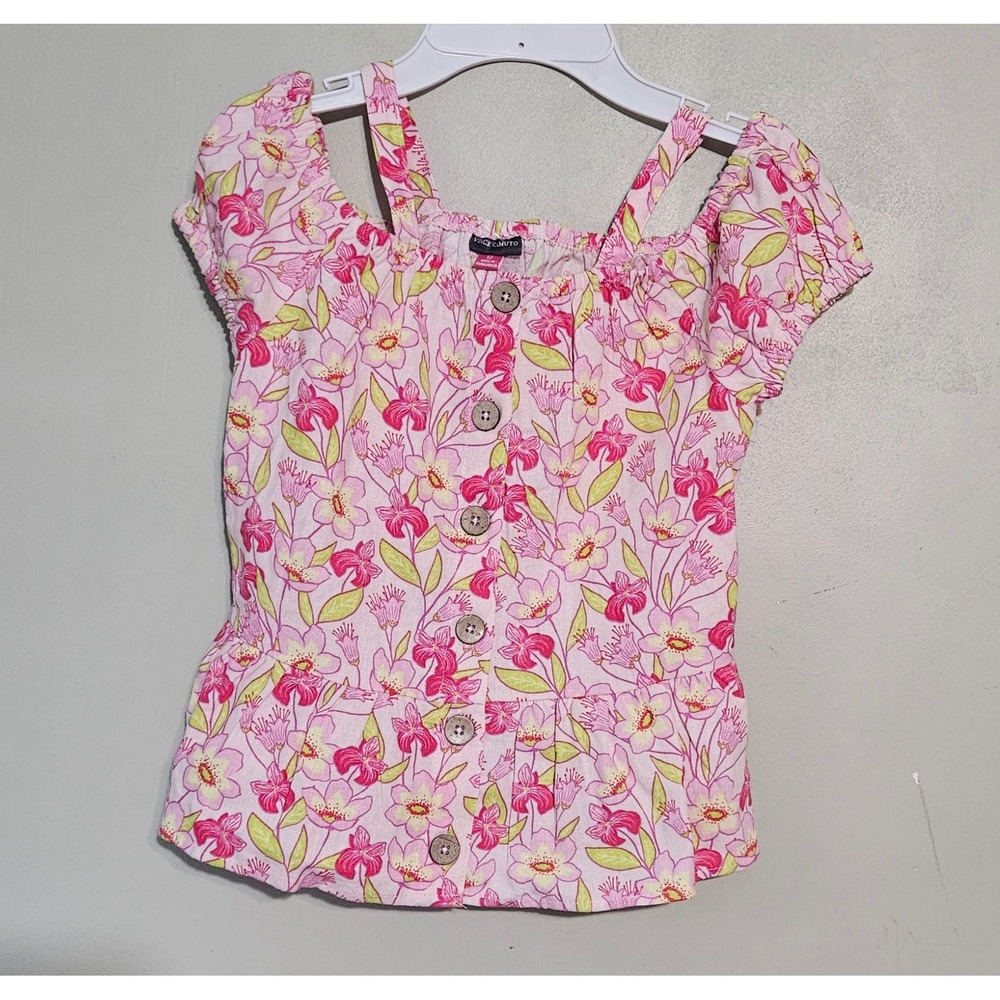 🩷Vince Camuto Girls Pink Floral Linen Blend Peplum Top Cold Shoulder Size 12💜